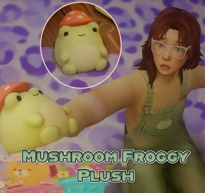 sim playing with a mushroom froggy plush