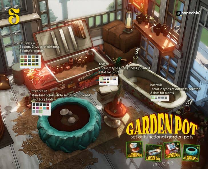 a room with mixed garden pieces