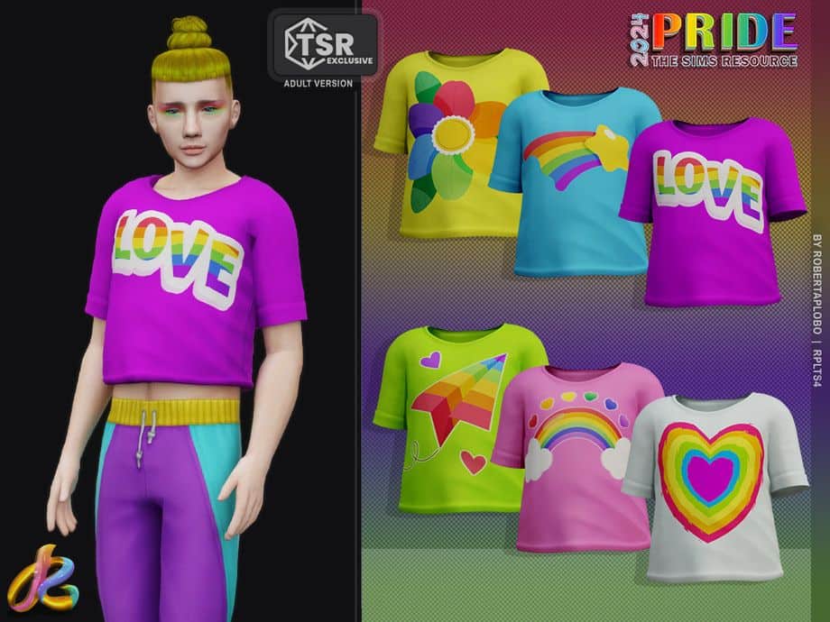 sim wearing a purple love t-shirt and more swatches on the side
