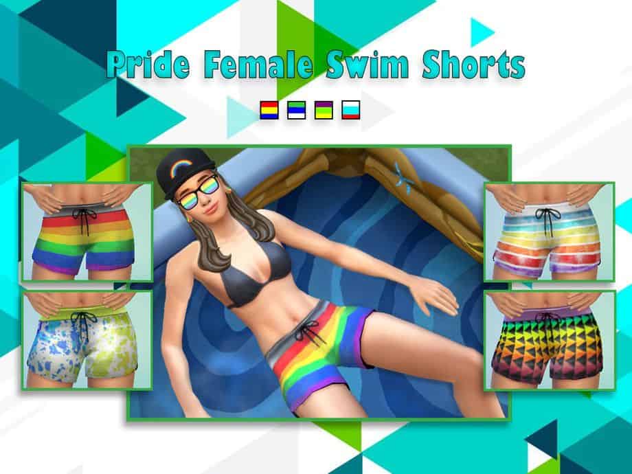 female sim wearing pride swim shorts