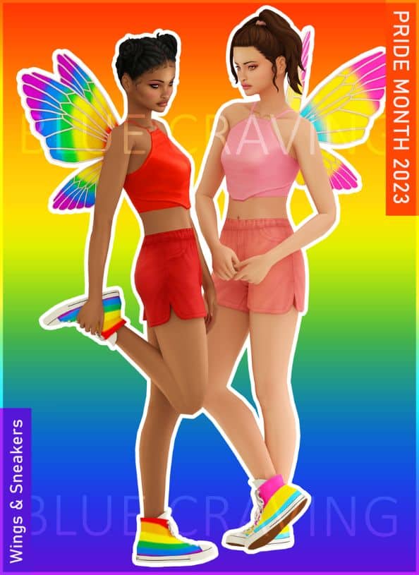 female sim wearing colorful wings and sneakers