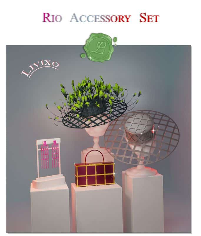 hats, bag and earrings on display stands