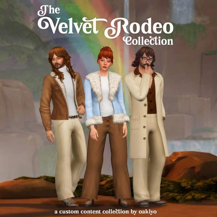 three sims dressed in beige and brown clothing