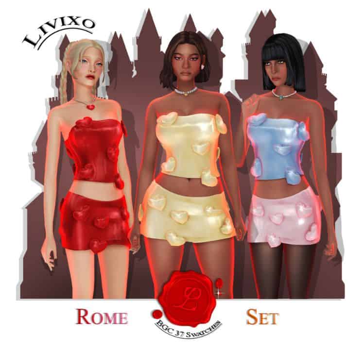sims wearing a strapless top and mini skirt with 3D hearts throughout