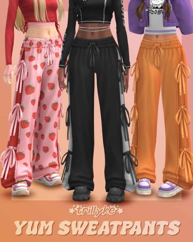 sims modeling sweatpants with ribbon ties
