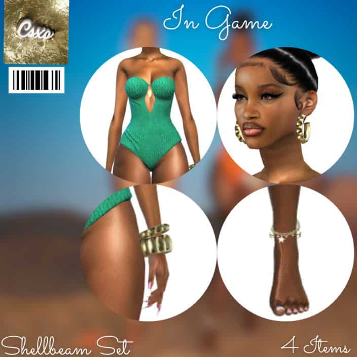 close up of a sim modeling a swimsuit and different jewelry pieces