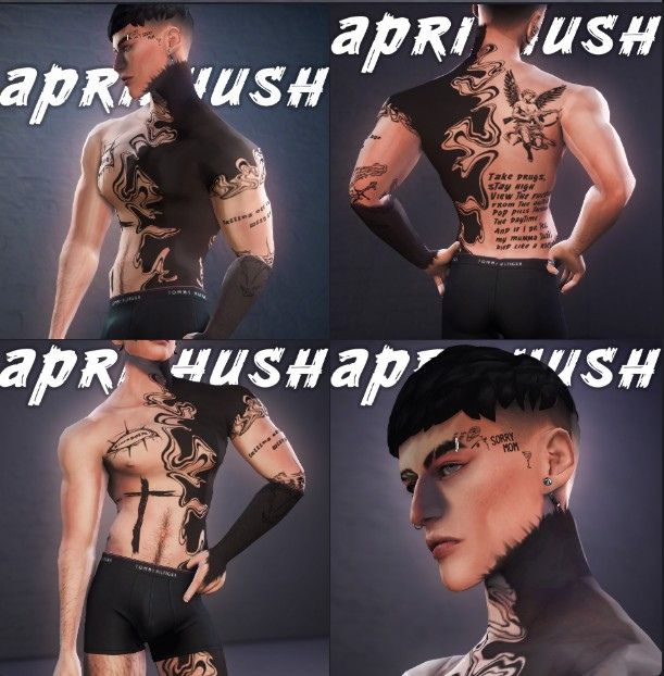 collage of a male sim with large body tattoos