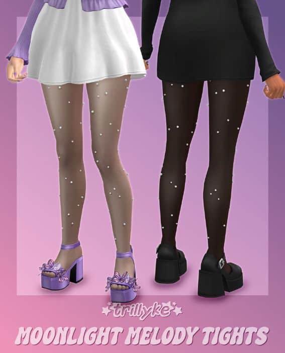 sims modeling sheet tights with 3D pearl embellishments
