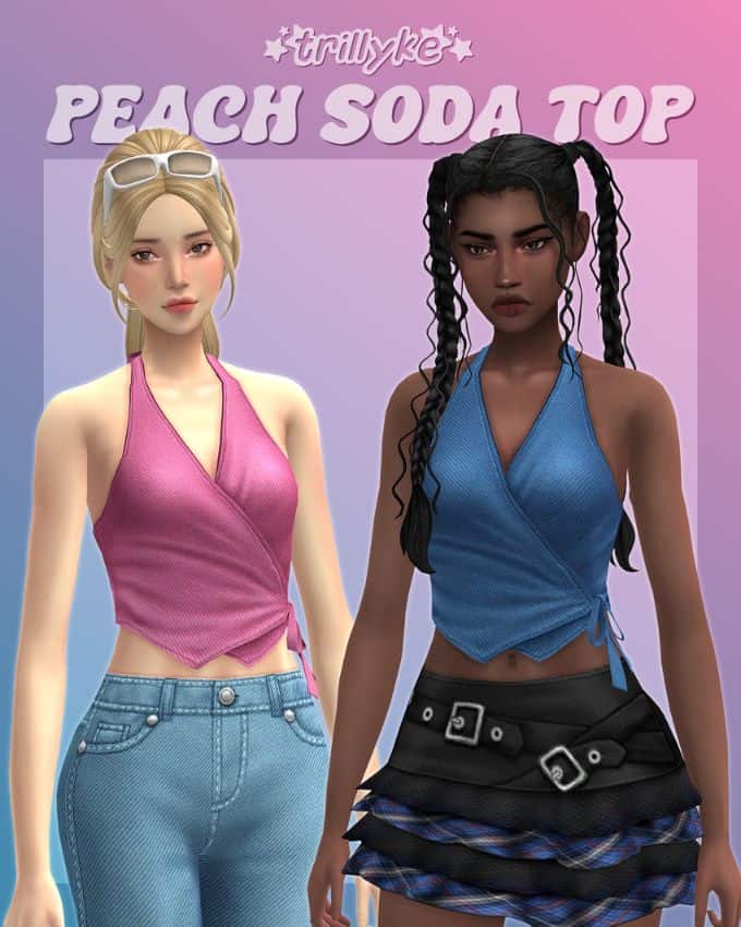 two female sims wearing wrap style halter tops