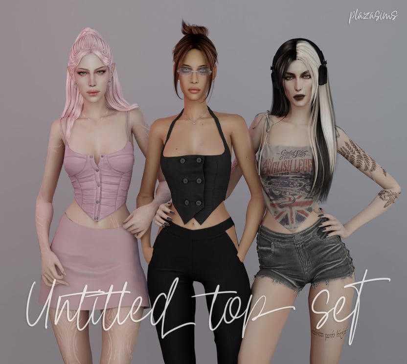 three female sims wearing different styles of fitted tops