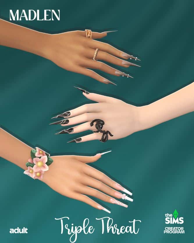 three sim hands modeling different nail designs