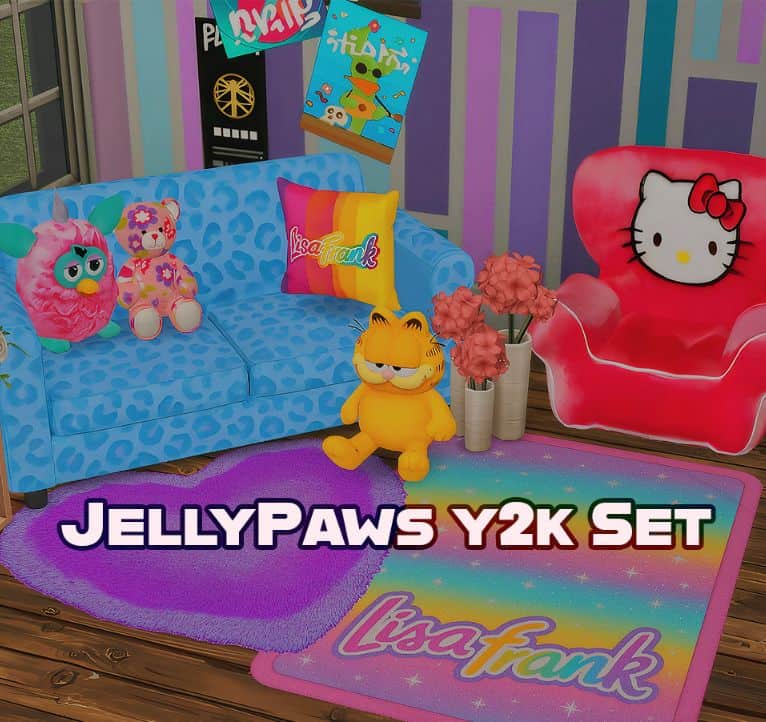 a room with mixed Y2K-themed furniture and decor pieces