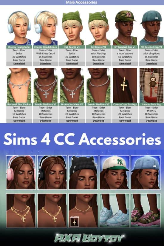 collage of sims 4 cc accessories for male and female frames