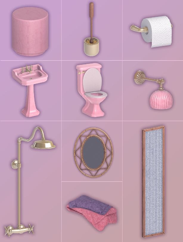 collage of mixed bathroom cc pieces