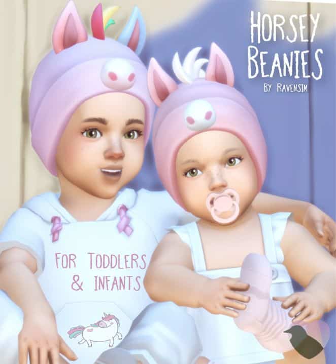 sim infant and toddler wearing horsey beanies