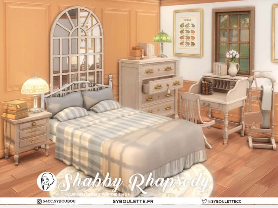 a shabby, vintage style Sims 4 bedroom