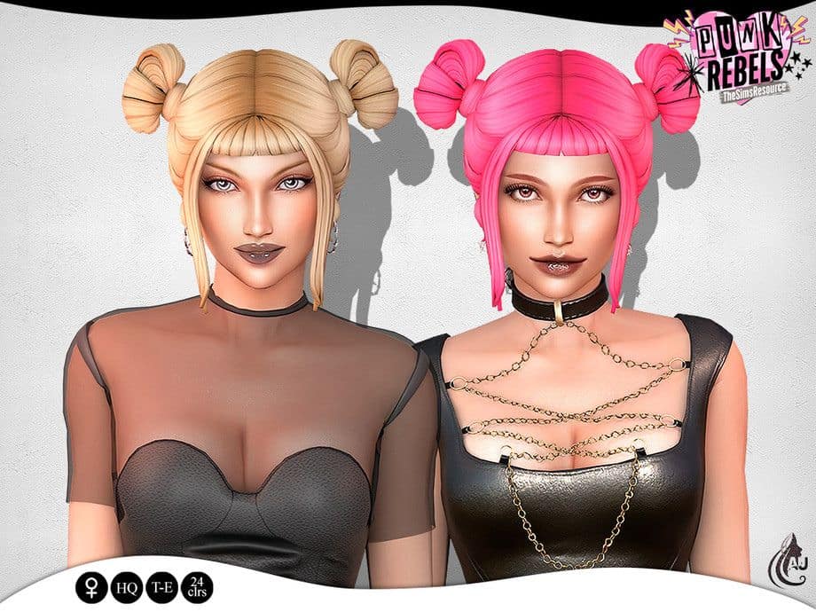 two female sims with high pigtail buns and bangs