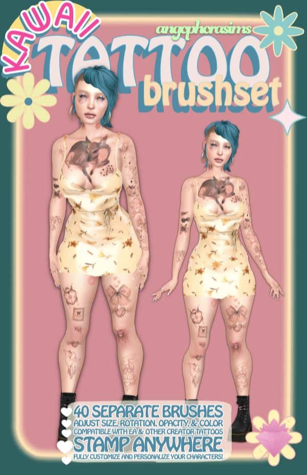 female sim covered in mixed tattoos