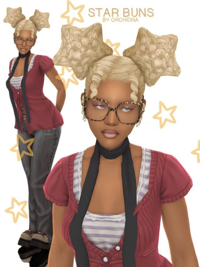 black female sim with a star buns hairstyle