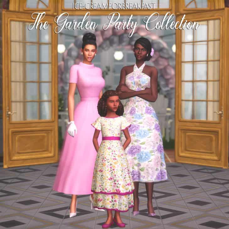 sims dressed in classy dresses for garden parties
