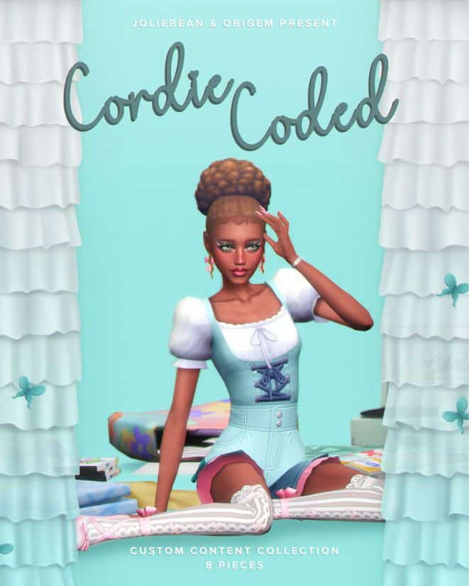 black female sim dressed in a light blue jumpsuit