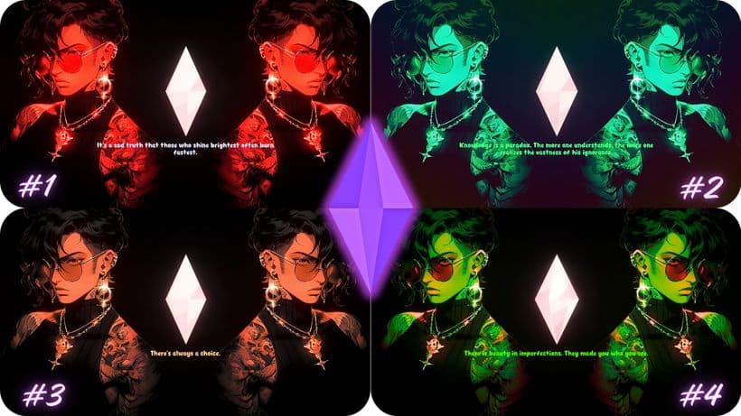 four dark-themed loading screens with characters as the main focal point