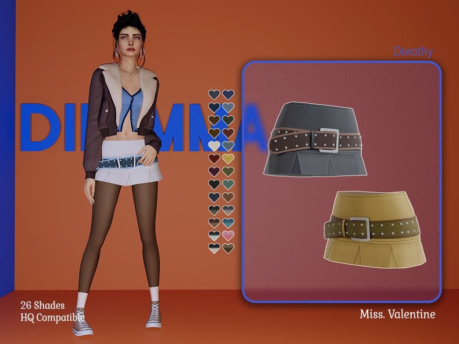 female sim wearing a Y2K-inspired mini skirt with a large belted across