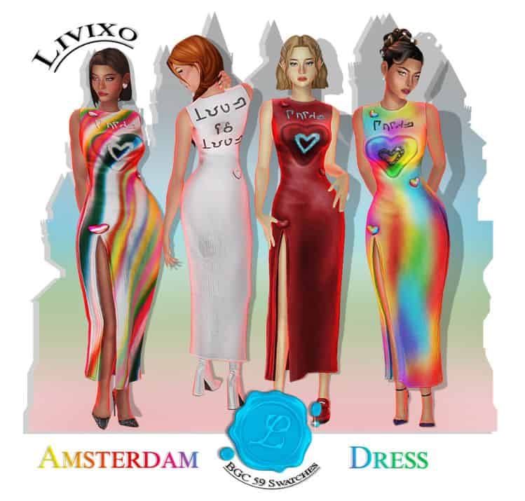 female sims wearing colorful long dresses