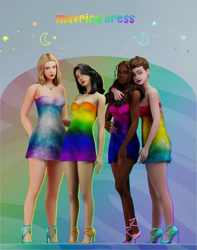 female sims wearing short dresses, each a different color Pride flag