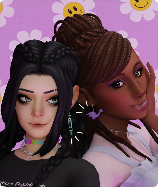 sims wearing dinosaur and Crayola earrings