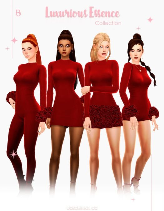 four female sims dressed in mixed red outfits
