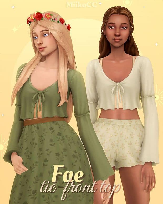 female sims wearing long-sleeve tie-front tops