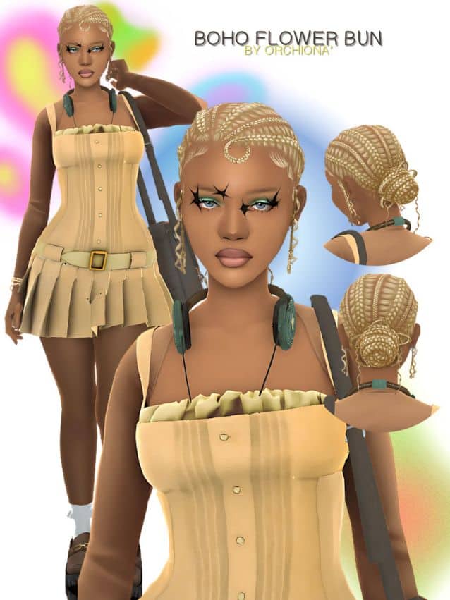 black female sim with a cornrows hairstyle styled into a bun