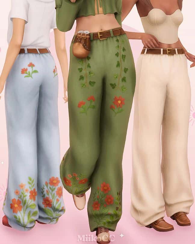 sims modeling loose pants with floral and leaf details