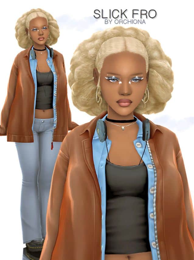 black female sim with a short, blond slick fro hairstyle