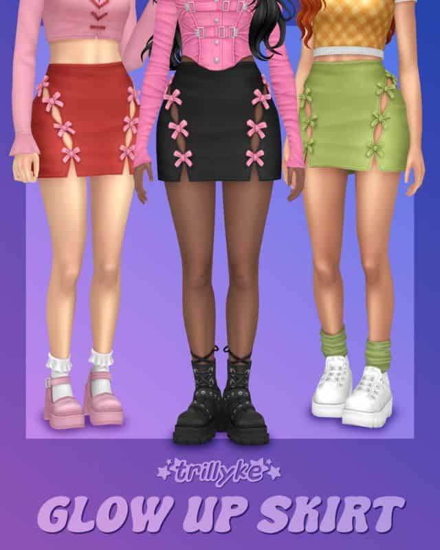 sims wearing mini skirts with side cut outs and bow details
