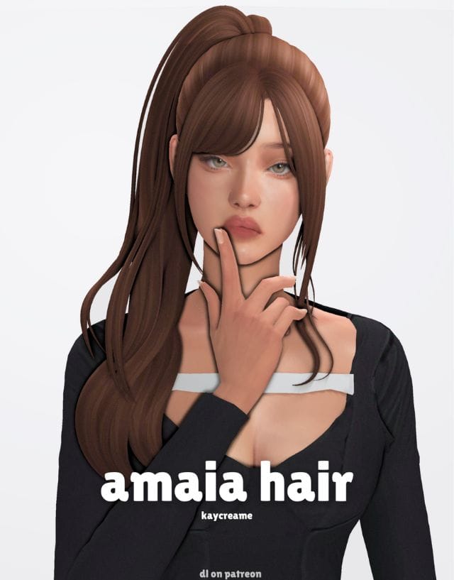 female sim with long bangs and a ponytail