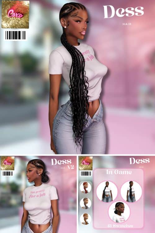 black female sim sporting a long braided ponytail and styled into a low bun