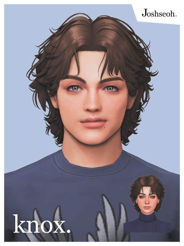 male sim with curtain bangs and medium length layered hair