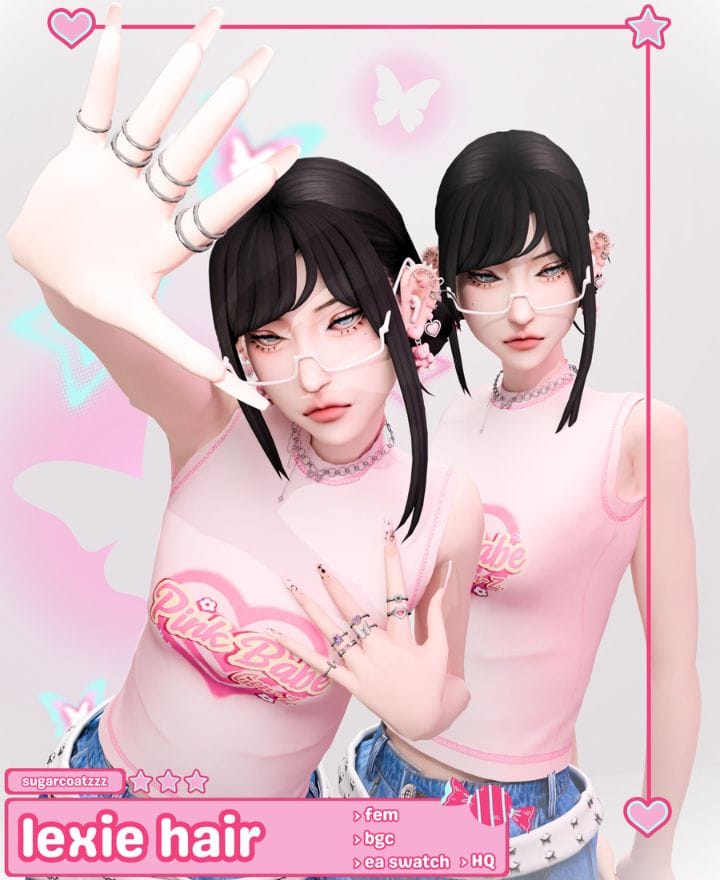 young female sim with dark hair with bangs and long side strands