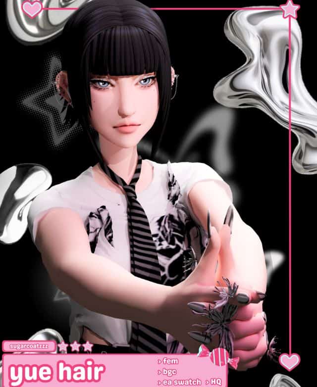 female sim with short black hair and blunt bangs