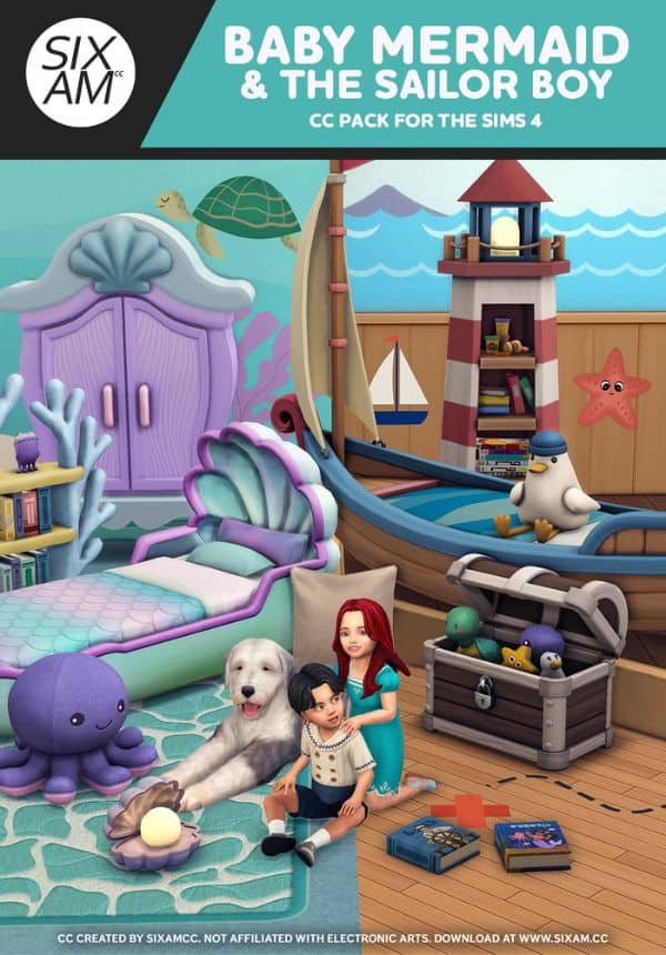 sims 4 kids bedroom split into half mermaid, half sailor themes