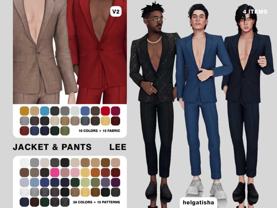 male sims wearing deep V suit jackets and fitted pants