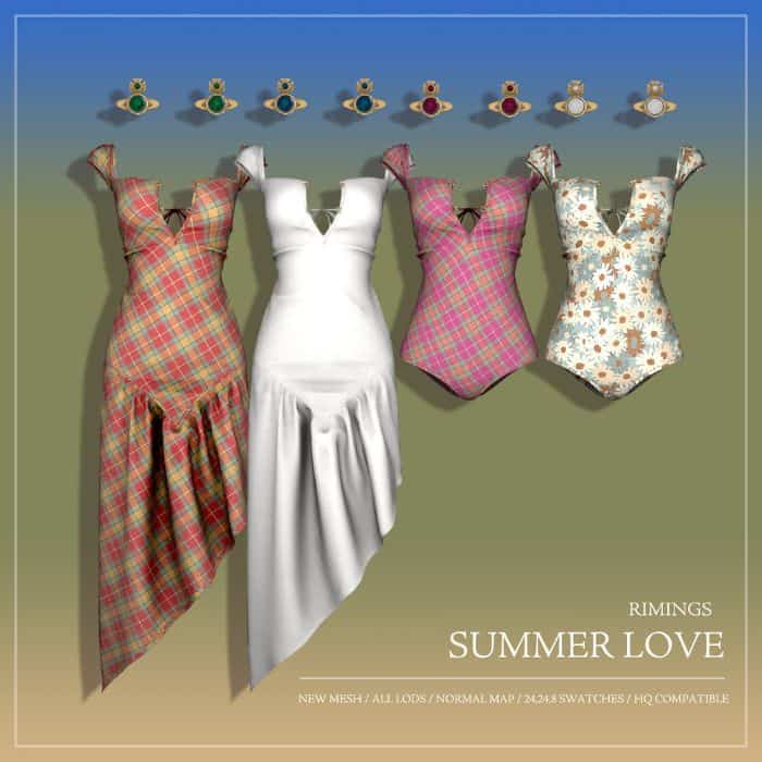 collage of summer dresses, swimsuits and gemstone earrings
