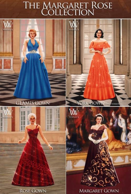 female sims dressed in four different royal gowns