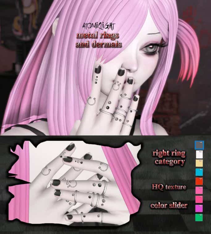 female sim with lilac colored hair and wearing a lot of metal rings