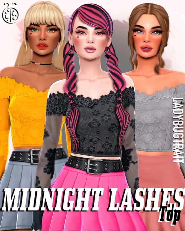 three female sim wearing off-the-shoulder tops with floral embroidery
