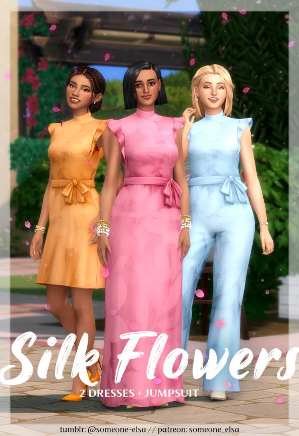 three female sims dressed in mixed silk outfits