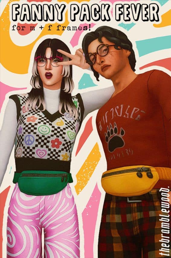 sims wearing colorful accessory fanny packs
