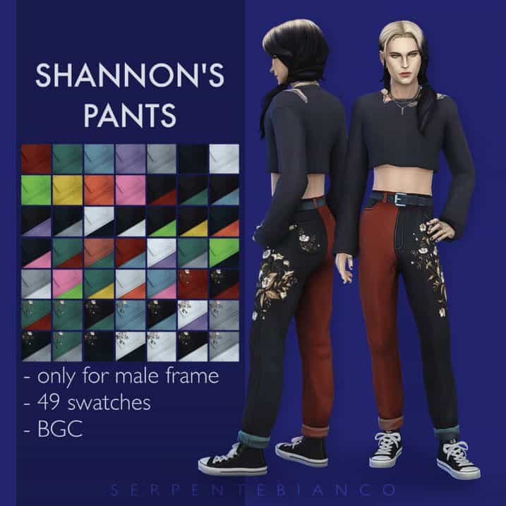 sim wearing two-tone pants with embellishments